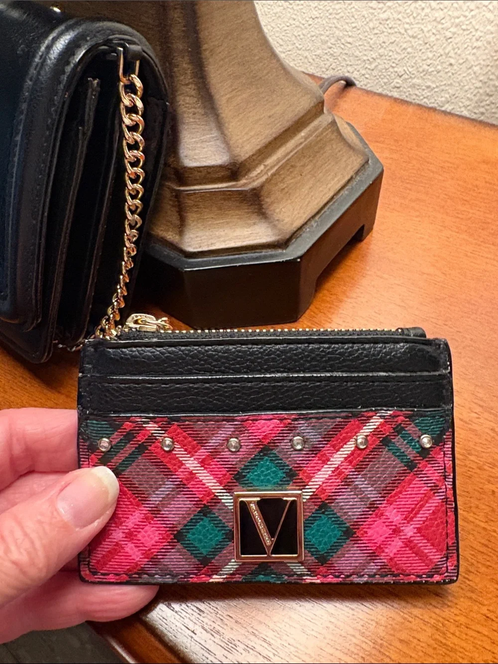 V-Emblem Black Leather Crossbody Bag with Red Plaid Cardholder